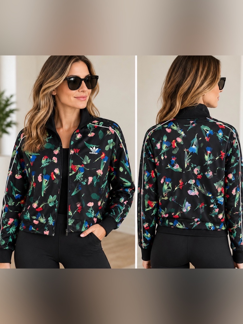 adidas Originals Bellista Floral Cropped Track Jacket Black Multicolor M